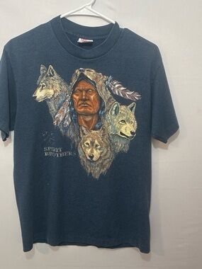 Men's Navy Short-Sleeve Graphic Tee with Native & Wolves Illustration